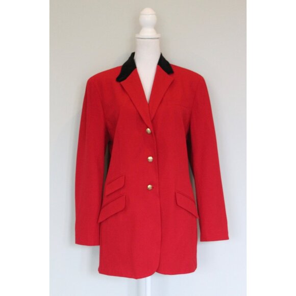 Vtg LAUREN RALPH LAUREN Women's Red Black Velvet Gold Button Blazer Jacket, 14 - Picture 1 of 14